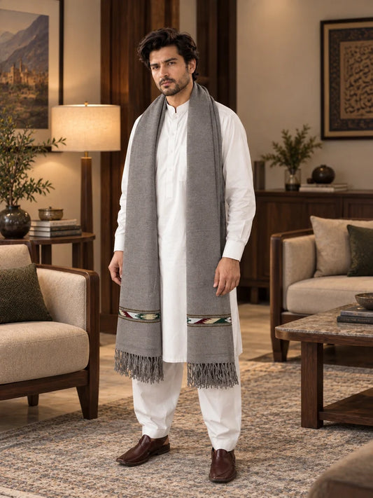 IBEX Sadabahar Swati Kaadi Shawl , Pure and Original Woolen, Grey Color