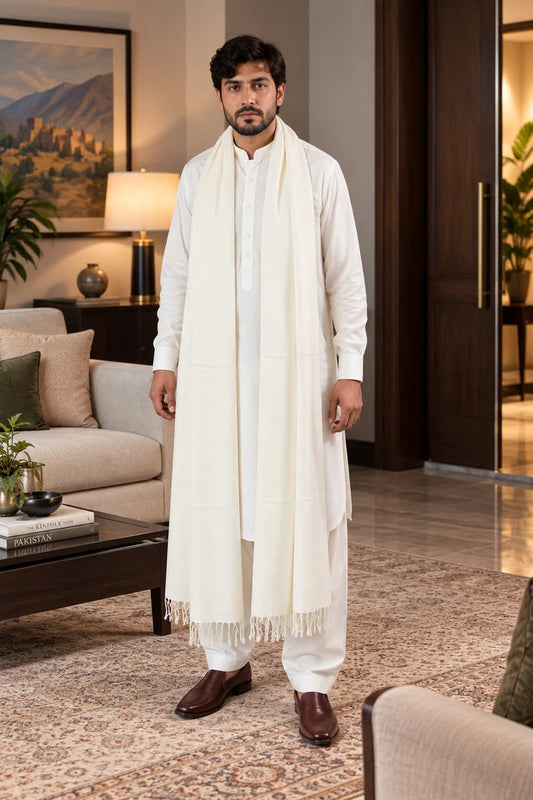 72 Count Premium Swati Wool Shawl Plain Off-White Color, Original, Handmade. long Tassels