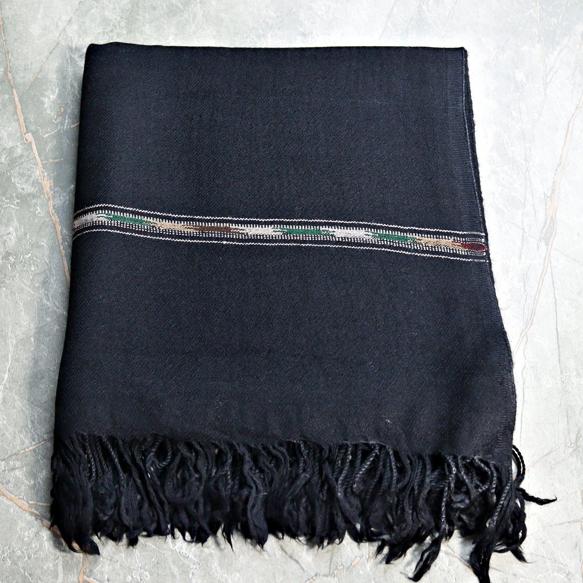 Handmade Swati Woolen Shawl with Designer Strip Black color