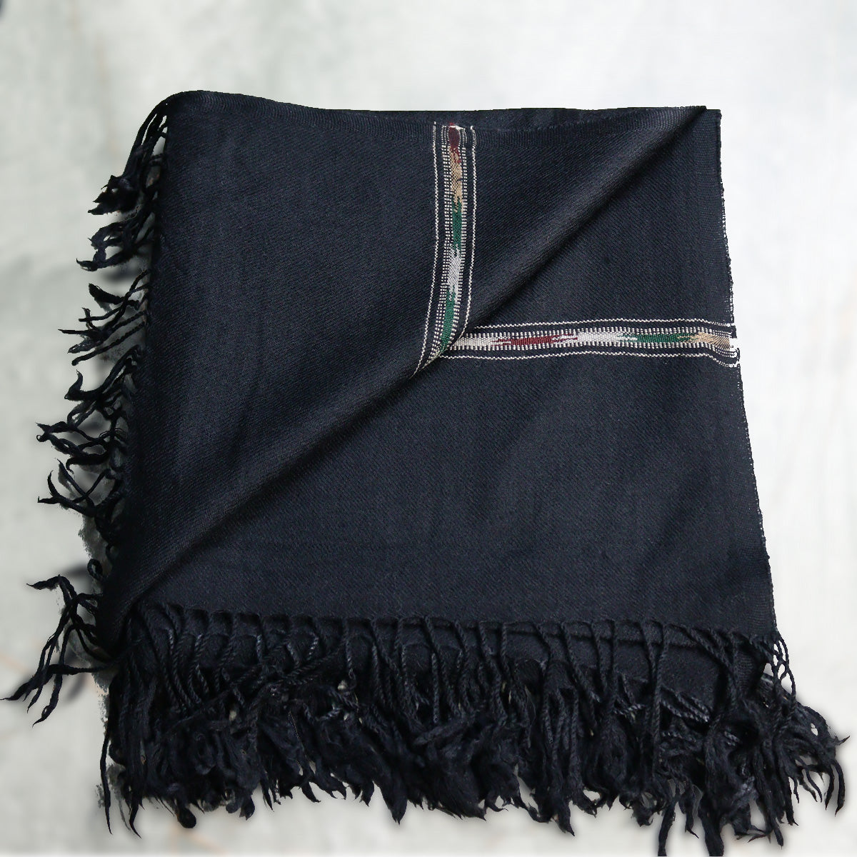 Handmade Swati Woolen Shawl with Designer Strip Black color