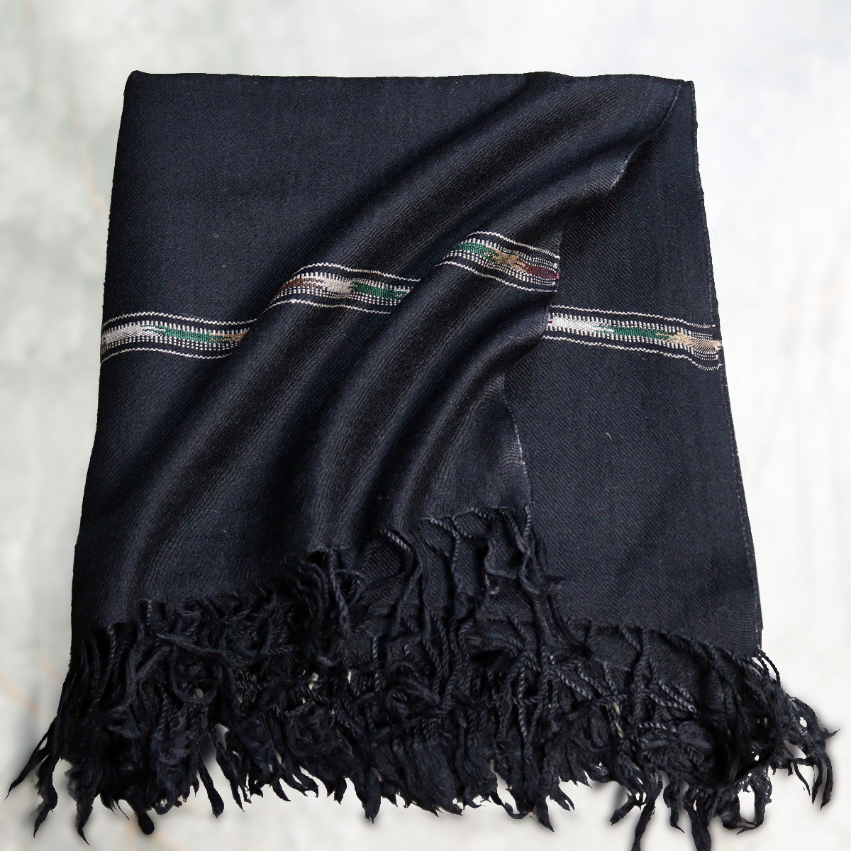 Handmade Swati Woolen Shawl with Designer Strip Black color