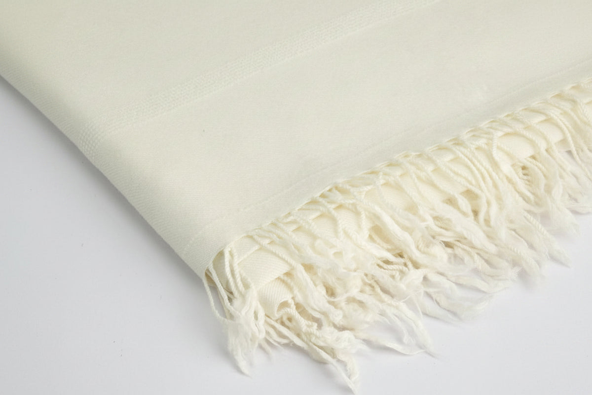 72 Count Premium Swati Wool Shawl Plain Off-White Color, Original, Handmade. long Tassels