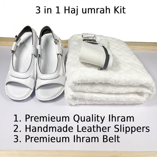 3 in 1, Hajj & Umrah Essentials –( Premium Ihram + Comfort Slipper + Ihram Belt)