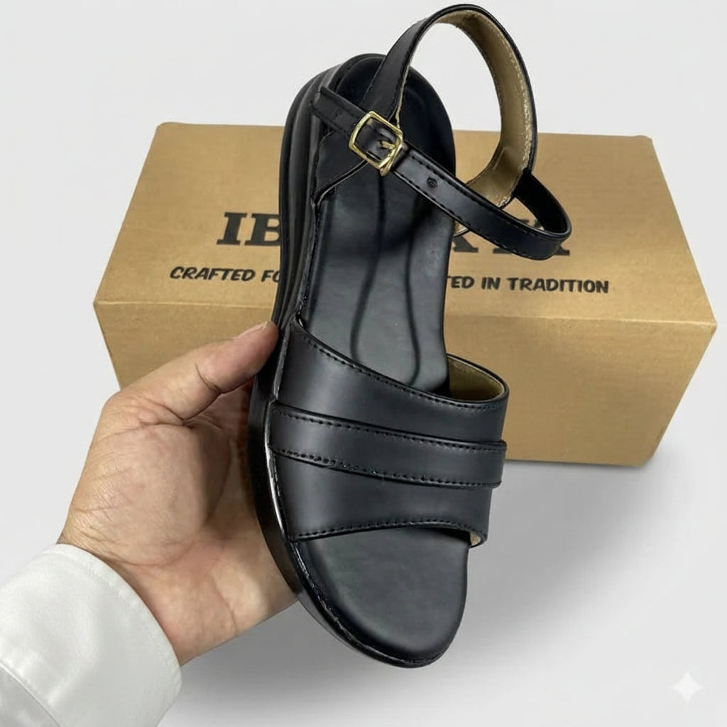 Ibex Exclusive, Ladies Hand made , Soft , Lightweight & Flat, Leather Sandals, Black Color