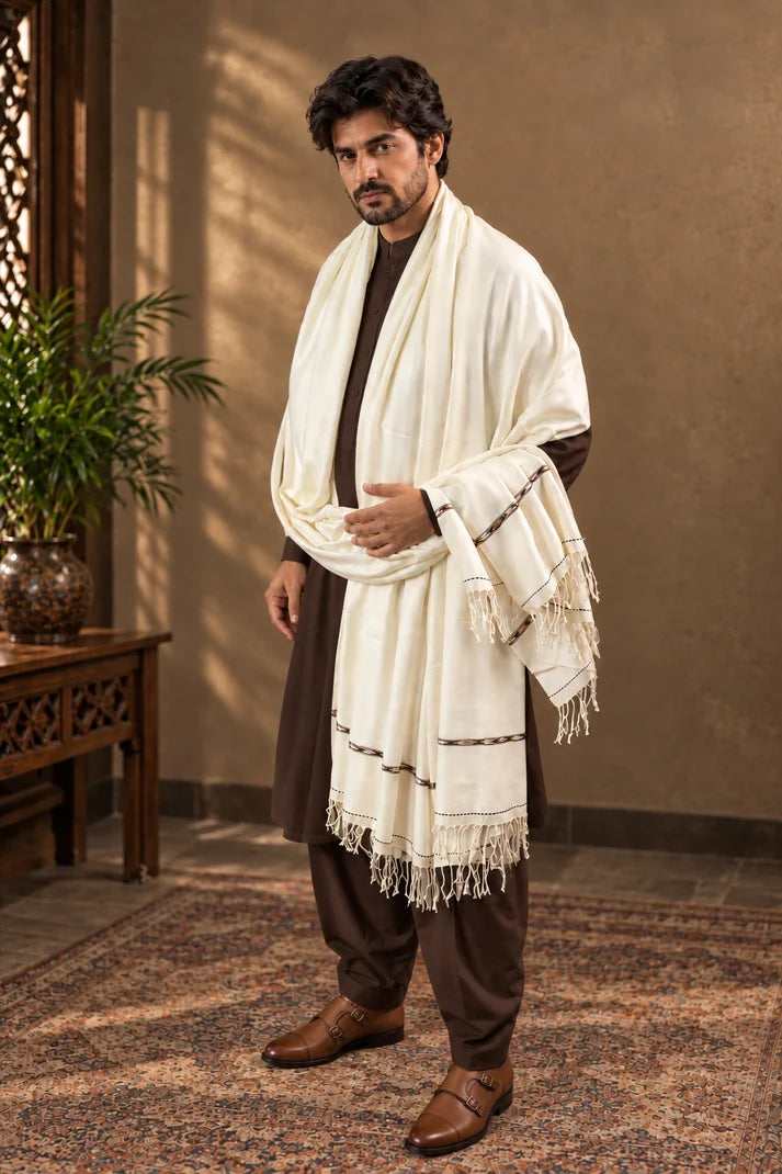 72 Count Premium Swati Wool Shawl Off-White Color, Original, Handmade.