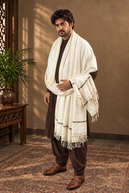 72 Count Premium Swati Wool Shawl Off-White Color, Original, Handmade.