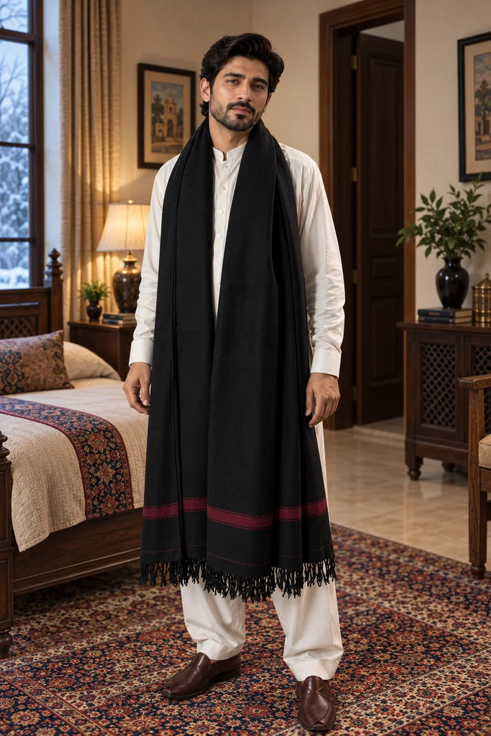 IBEX Swati Black Beauty — Handmade Pure Wool Shawl with Maroon Border