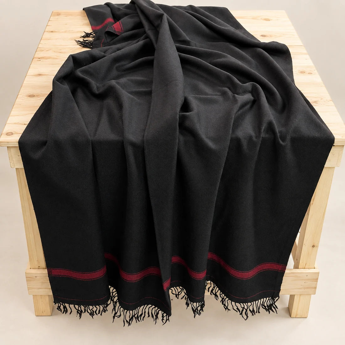 IBEX Swati Black Beauty — Handmade Pure Wool Shawl with Maroon Border