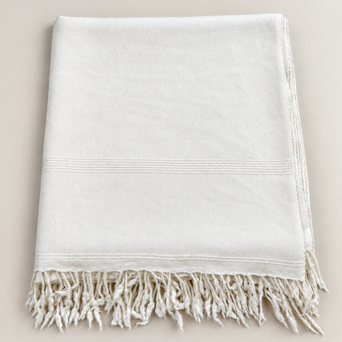 72 Count Premium Swati Wool Shawl Plain Off-White Color, Original, Handmade. long Tassels