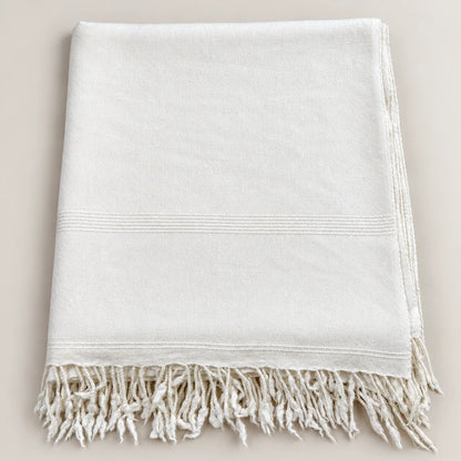 72 Count Premium Swati Wool Shawl Plain Off-White Color, Original, Handmade. long Tassels