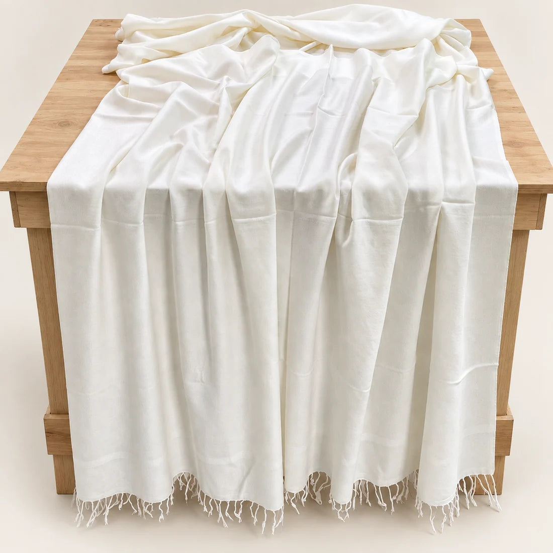 72 Count Premium Swati Wool Shawl Plain Off-White Color, Original, Handmade. long Tassels