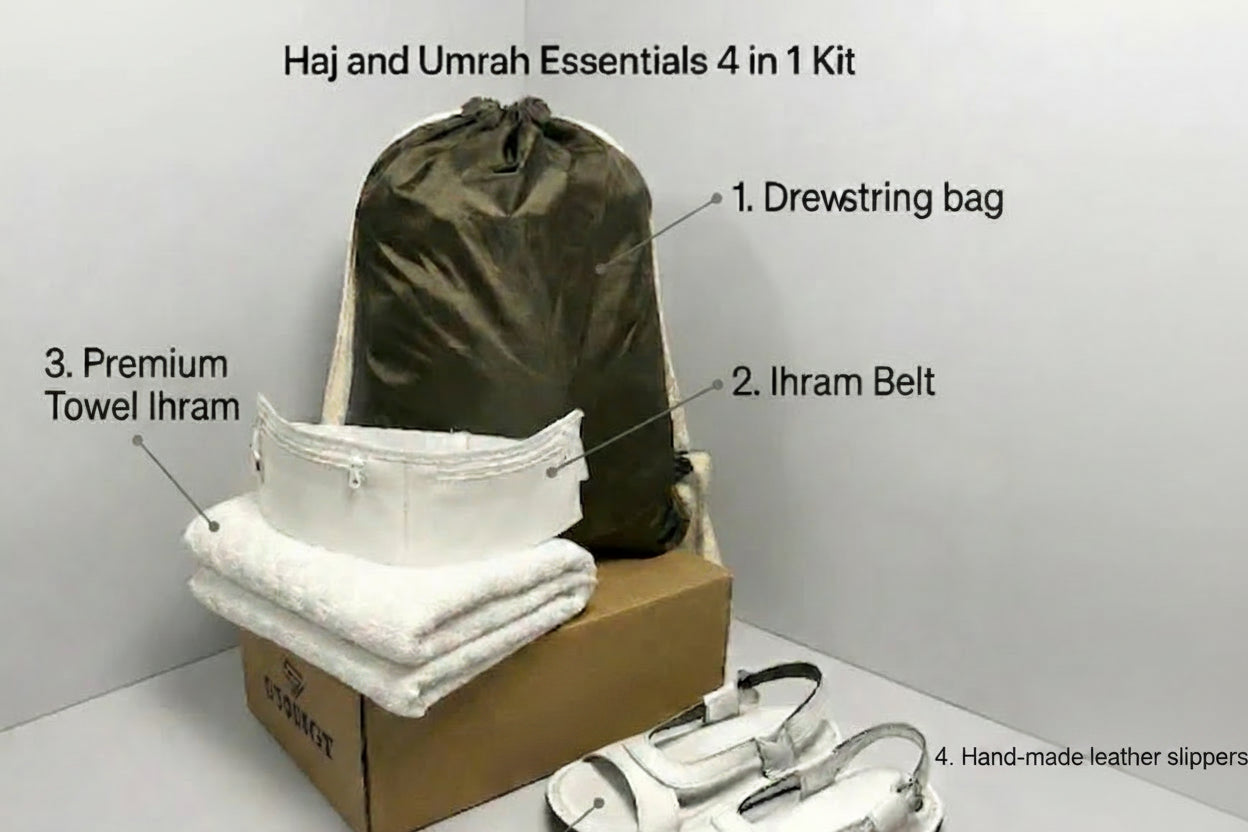 4 in 1, Hajj & Umrah Essentials –( Premium Ihram + Comfort Slipper + Ihram Belt+ Bag )