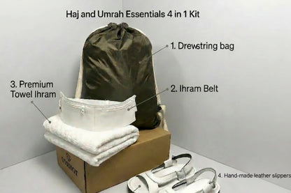 4 in 1, Hajj & Umrah Essentials –( Premium Ihram + Comfort Slipper + Ihram Belt+ Bag )