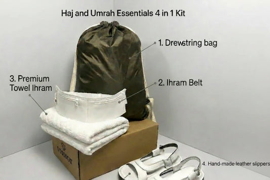 4 in 1, Hajj & Umrah Essentials –( Premium Ihram + Comfort Slipper + Ihram Belt+ Bag )