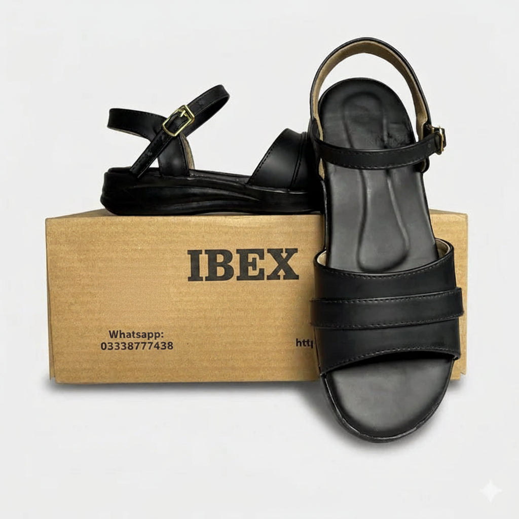 Ibex Exclusive, Ladies Hand made , Soft , Lightweight & Flat, Leather Sandals, Black Color