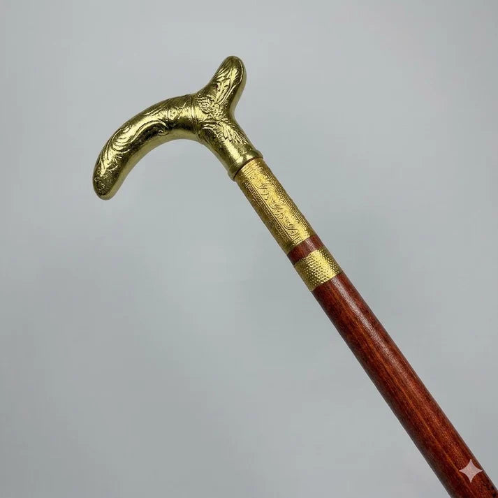 Handmade Royal Brass & Wood Walking Cane – T Vintage Mehroon Stick & Golden Handle