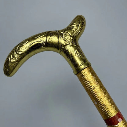 Handmade Royal Brass & Wood Walking Cane – T Vintage Mehroon Stick & Golden Handle