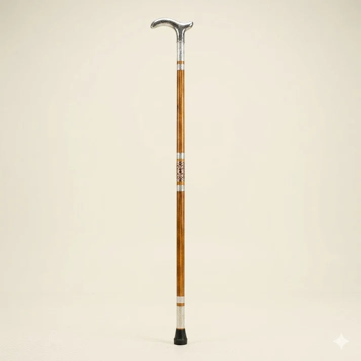 Handmade Royal Brass & Wood Walking Cane – T Vintage Brown Stick & silver Handle
