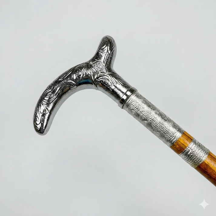 Handmade Royal Brass & Wood Walking Cane – T Vintage Brown Stick & silver Handle