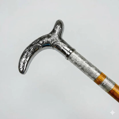 Handmade Royal Brass & Wood Walking Cane – T Vintage Brown Stick & silver Handle